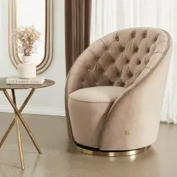 Sonja Beige Velvet Swivel Occasional Chair - Brushed Champagne Gold Stainless Steel Legs