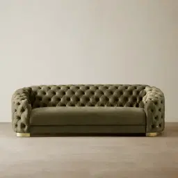 Kelly Olive Green Velvet 3-Seater Sofa Gold Legs