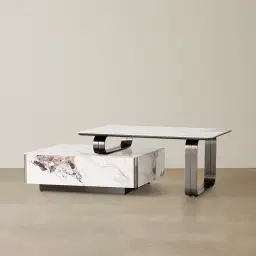 Marbella 2-Layered Cold Calacatta White Sintered Stone Coffee Table - Black Nickel Frame