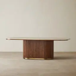 San Pierre Walnut Veneer Single Leg Rectangular Dining Table with Travertine Finish Sintered Stone Top - 240x120cm