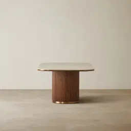 San Pierre Walnut Veneer Single Leg Rectangular Dining Table with Travertine Finish Sintered Stone Top - 240x120cm