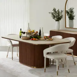 San Pierre Light Brown Ash Veneer Single Leg Rectangular Dining Table with Travertine Finish Sintered Stone Top - 240x120cm