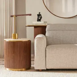 San Pierre Ebony Brown Ash Veneer Side Table with Travertine Finish Sintered Stone Top