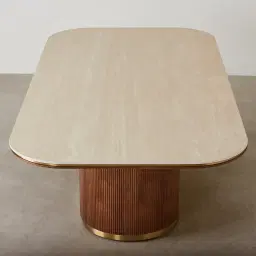 San Pierre Walnut Veneer Single Leg Rectangular Dining Table with Travertine Finish Sintered Stone Top - 270x120cm