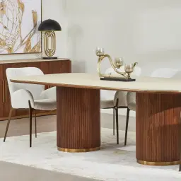 San Pierre Light Brown Ash Veneer Two-Leg Rectangular Dining Table with Travertine Finish Sintered Stone Top - 200x110cm