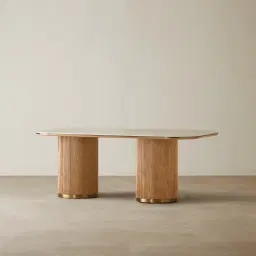 San Pierre Light Brown Ash Veneer Two-Leg Rectangular Dining Table with Travertine Finish Sintered Stone Top - 200x110cm