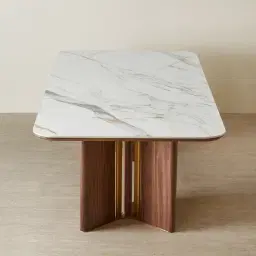Sir Lionell II Gliding White Sintered Stone Rectangular Dining Table - Walnut Brown Wooden Legs 240x120cm