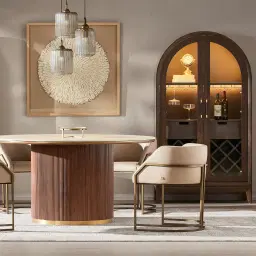 San Pierre Ebony Brown Ash Veneer Round Dining Table with Cream Travertine Finish Sintered Stone Top - 150cm