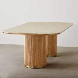 San Pierre Light Brown Ash Veneer Two-Leg Rectangular Dining Table with Travertine Finish Sintered Stone Top - 270x120cm