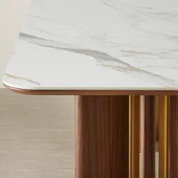 Sir Lionell II Gliding White Sintered Stone Rectangular Dining Table - Walnut Brown Wooden Legs 160x90cm