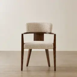 Lila Mid Beige Woven Fabric Dining Chair - Amber Brown Wooden Leg
