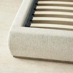 Riviera Isabelline White Fabric Queen Bed with Medium Brown Ash Veneer