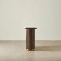 San Pierre Ebony Brown Ash Veneer Single Leg Console Table with Travertine Finish Sintered Stone Top