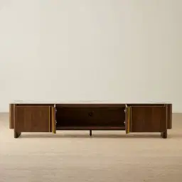Sir Lionell Gliding White Sintered Stone Entertainment Unit - Walnut Brown Wooden Legs