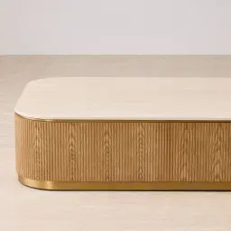 San Pierre Light Brown Ash Veneer Curved Rectangular Coffee Table with Travertine Finish Sintered Stone Top