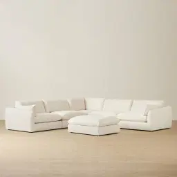 Macie Chiffon White Fabric Modular Corner Sofa with Ottoman