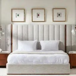 Summerton Pearl Beige Fabric King Bed - Toffee Brown Ash